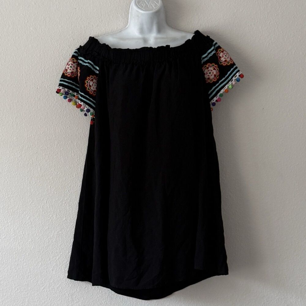 Entro Boho Tunic Dress Women’s L Black Off Shoulder Short Embroidered Pom Hippie